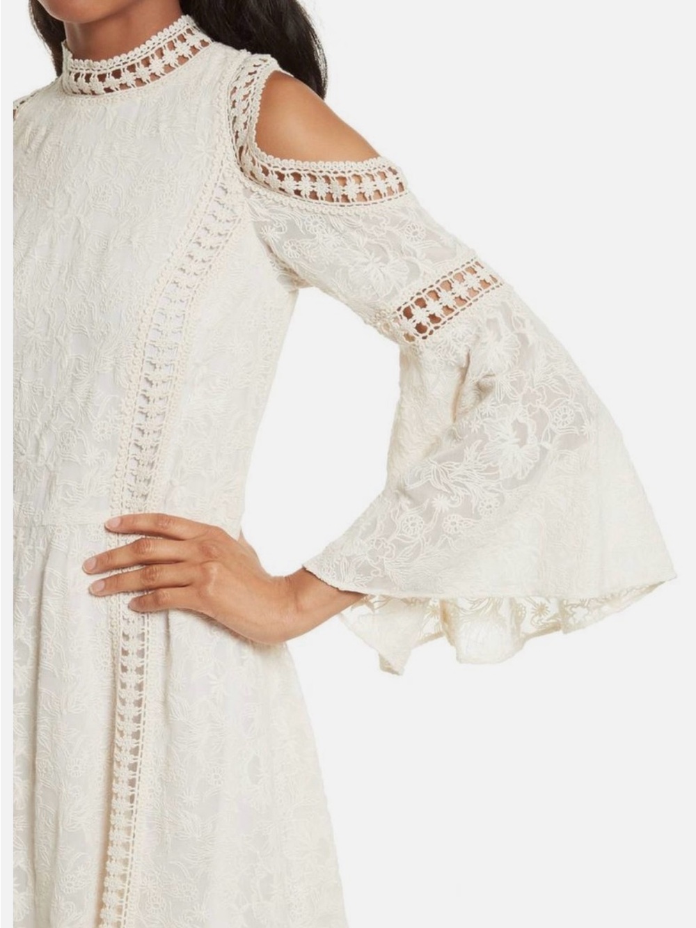 Alice + Olivia Embroidered Lace Cold-Shoulder Mini Dress in Cream - Picture 4 of 10
